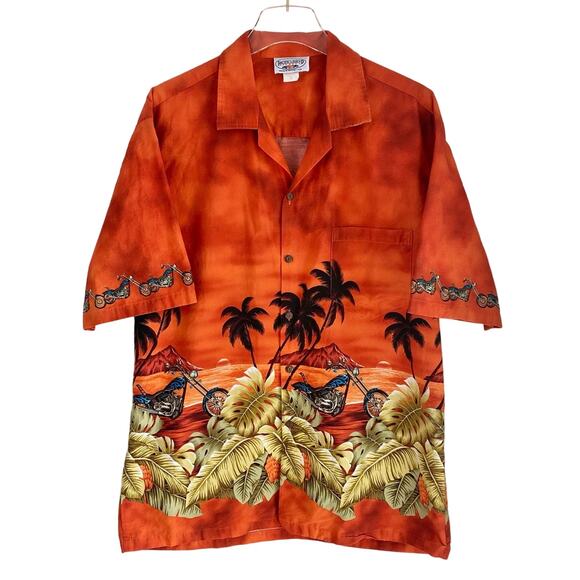 VTG Pacific Legend Hawaiian Shirt Men's XL Orange Motorcycle Palm Made in Hawaii - Picture 1 of 7